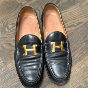 Black Leather Loafers with Gold Accent